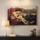 Canvas art print detailing a symbolic imagery of purity overcoming evil forces, mounted in a softly lit interior space