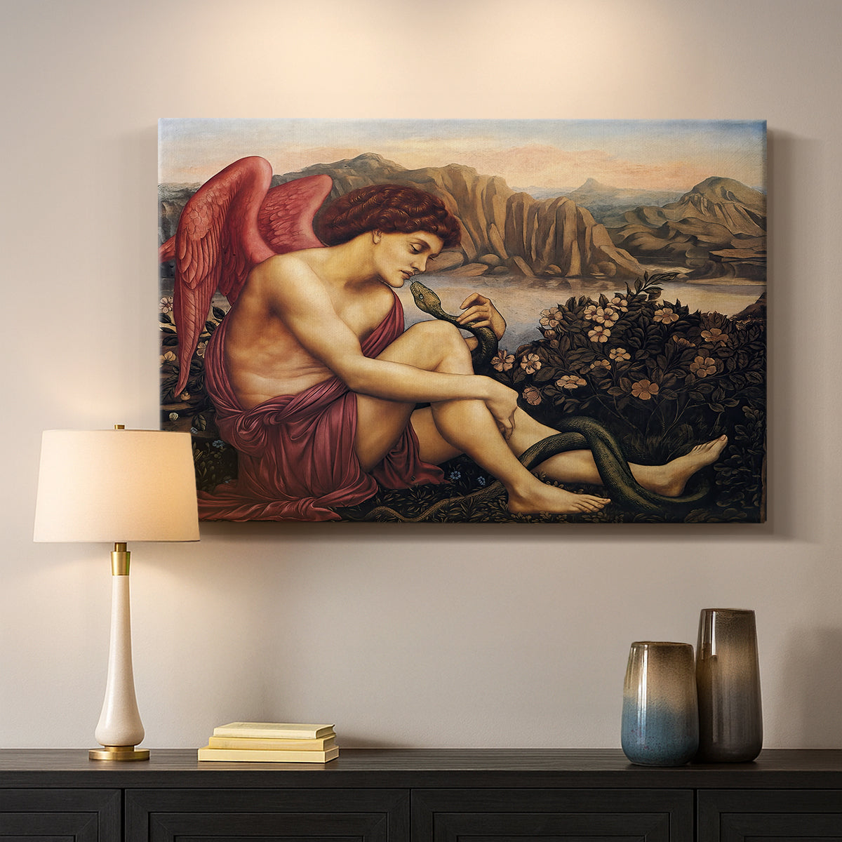 Canvas art print detailing a symbolic imagery of purity overcoming evil forces, mounted in a softly lit interior space