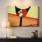 Canvas art print detailing a digital artwork of cat in geometric style, mounted in a softly lit interior space