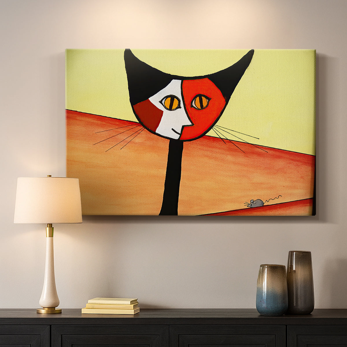 Canvas art print detailing a digital artwork of cat in geometric style, mounted in a softly lit interior space