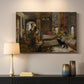 Canvas art print detailing an expressive composition featuring figures in elaborate setting, mounted in a softly lit interior space