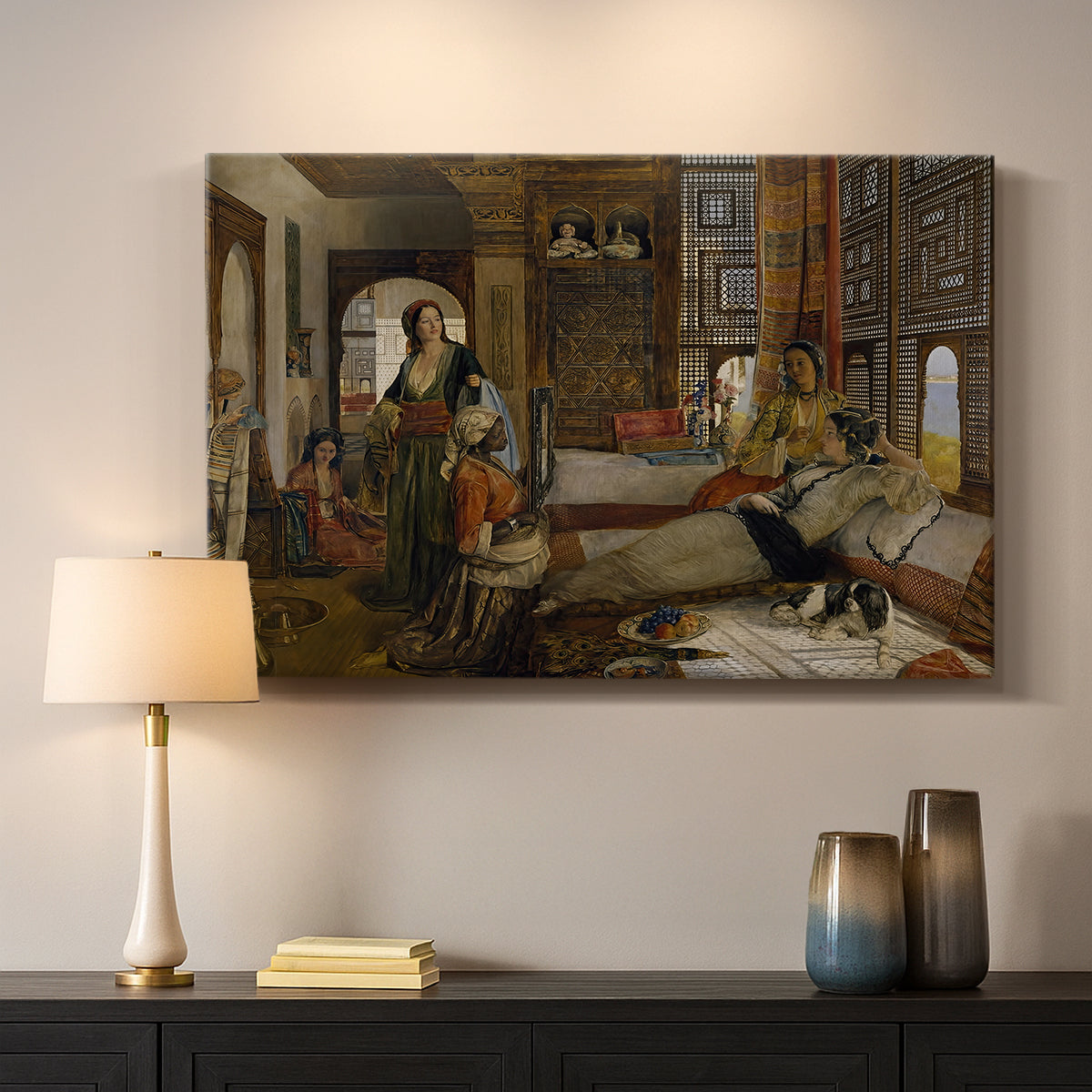 Canvas art print detailing an expressive composition featuring figures in elaborate setting, mounted in a softly lit interior space