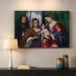 Canvas art print detailing a sacred portrait arrangement with central Madonna and attendants, mounted in a softly lit interior space