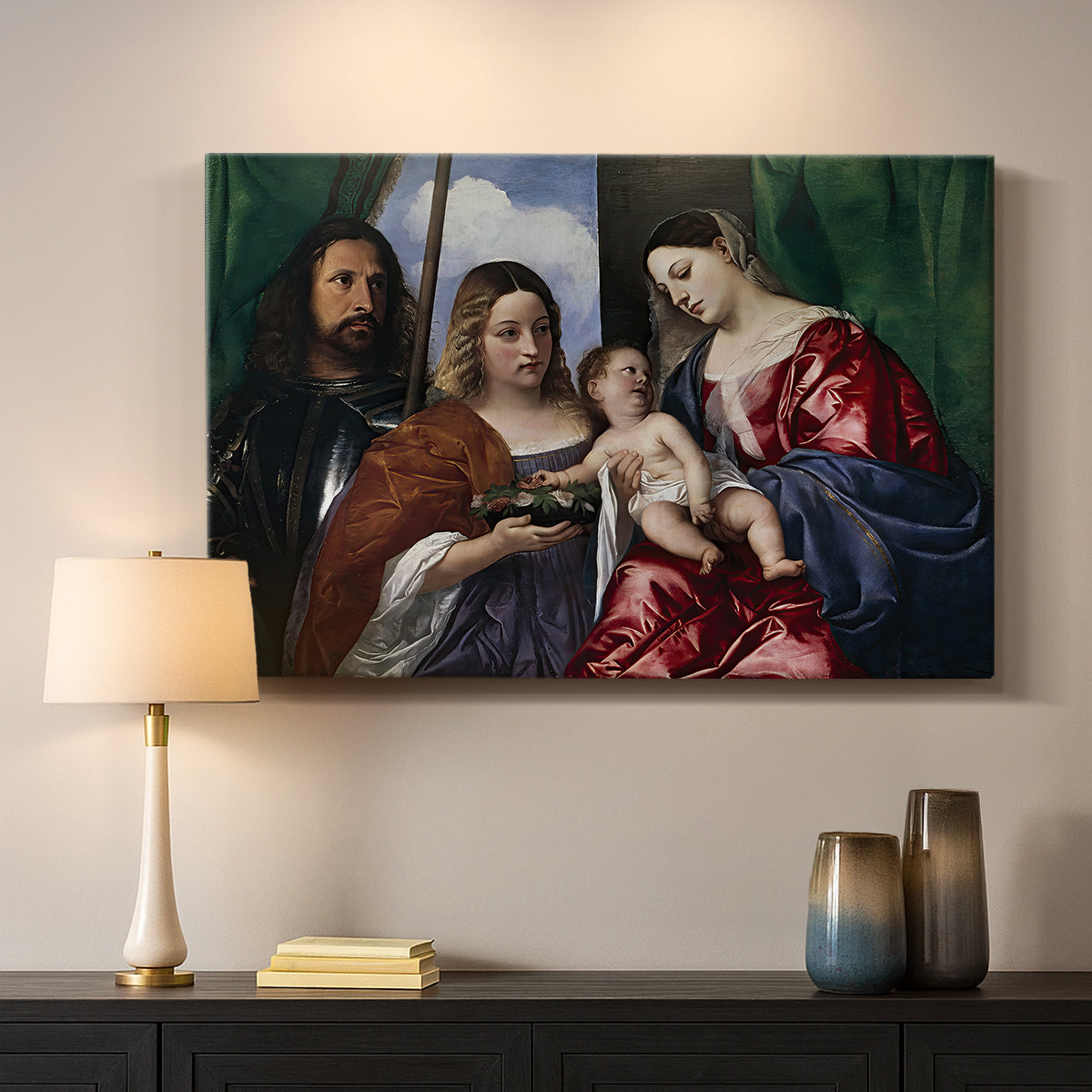 Canvas art print detailing a sacred portrait arrangement with central Madonna and attendants, mounted in a softly lit interior space