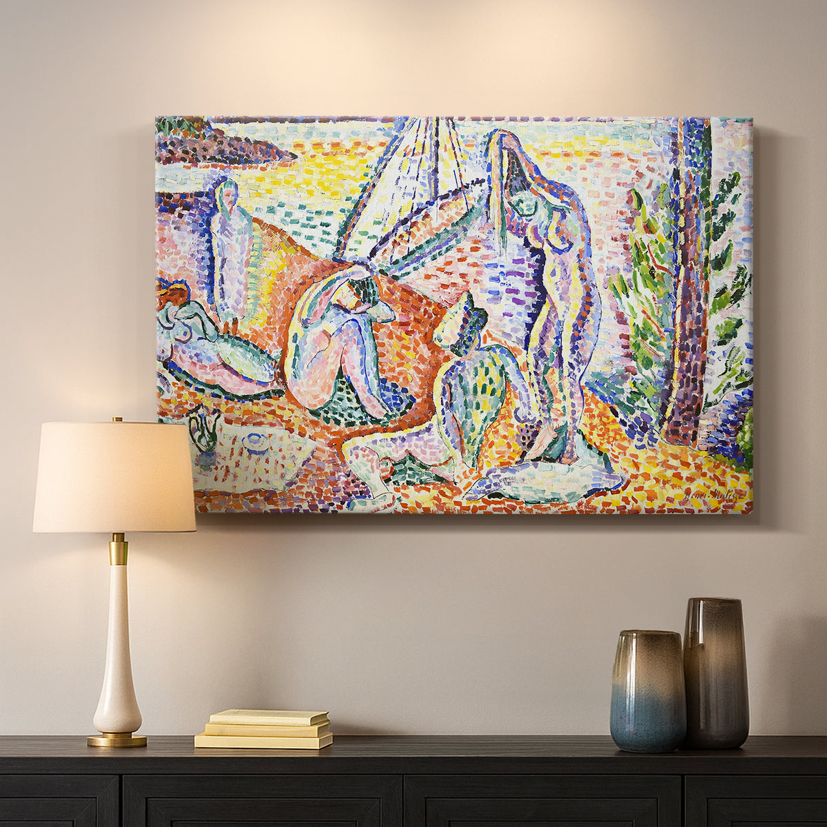 Canvas art print detailing a stylized outdoor composition of figures by the coast, mounted in a softly lit interior space