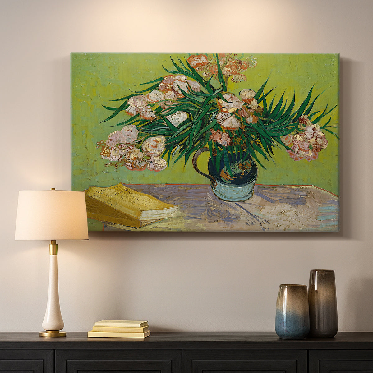 Canvas art print detailing a stylized arrangement emphasizing color and texture, mounted in a softly lit interior space