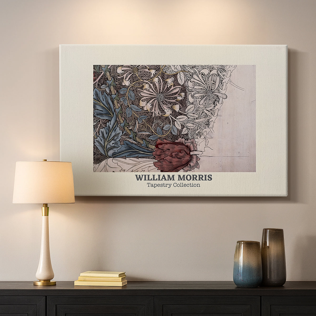 Canvas art print detailing a repeating vine motif with flowers and curved leaf forms, mounted in a softly lit interior space
