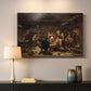Canvas art print detailing a realistic interior with figures gathered around a hunter displaying his catch, mounted in a softly lit interior space