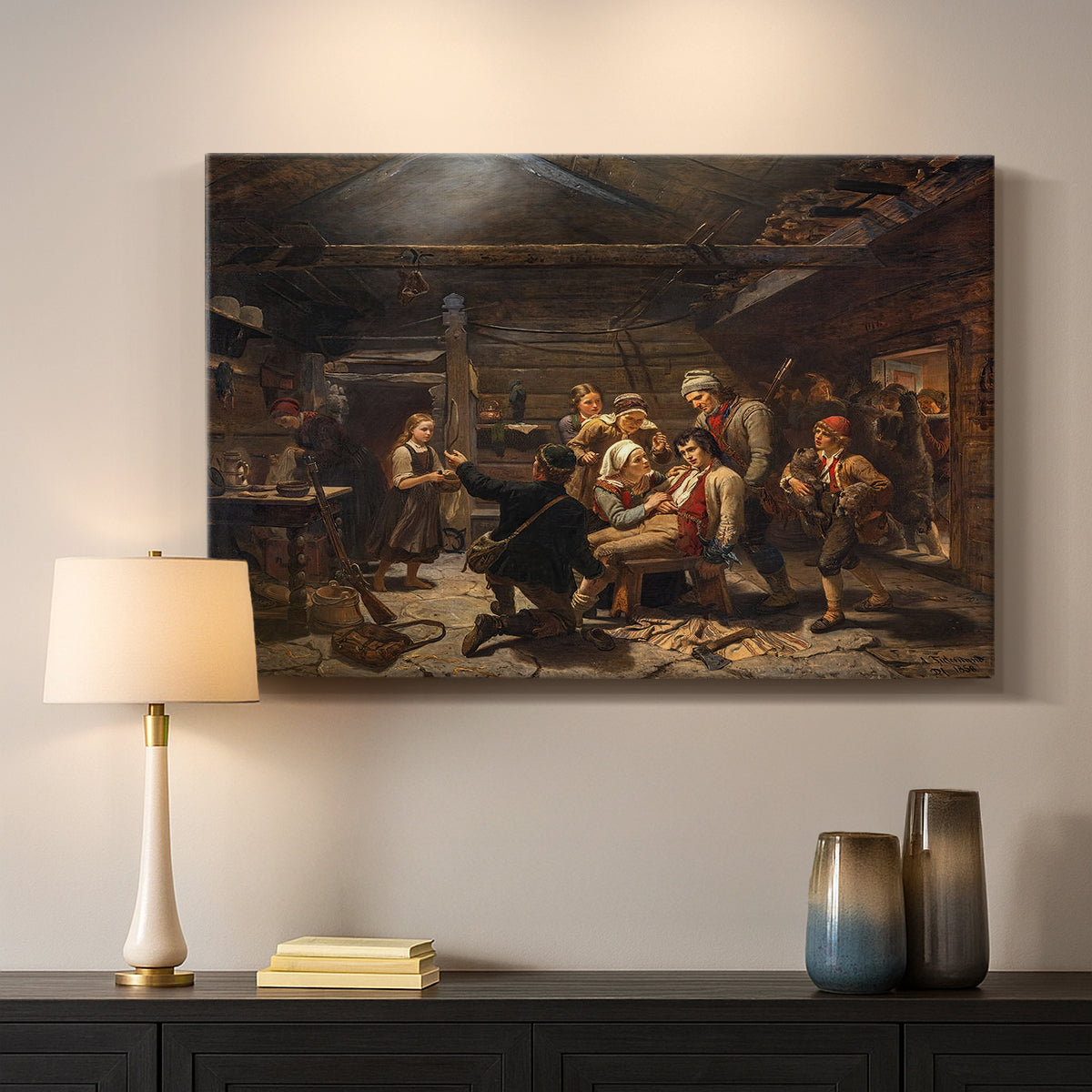 Canvas art print detailing a realistic interior with figures gathered around a hunter displaying his catch, mounted in a softly lit interior space