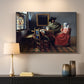 Canvas art print detailing an intimate scene with figures and table setting, mounted in a softly lit interior space