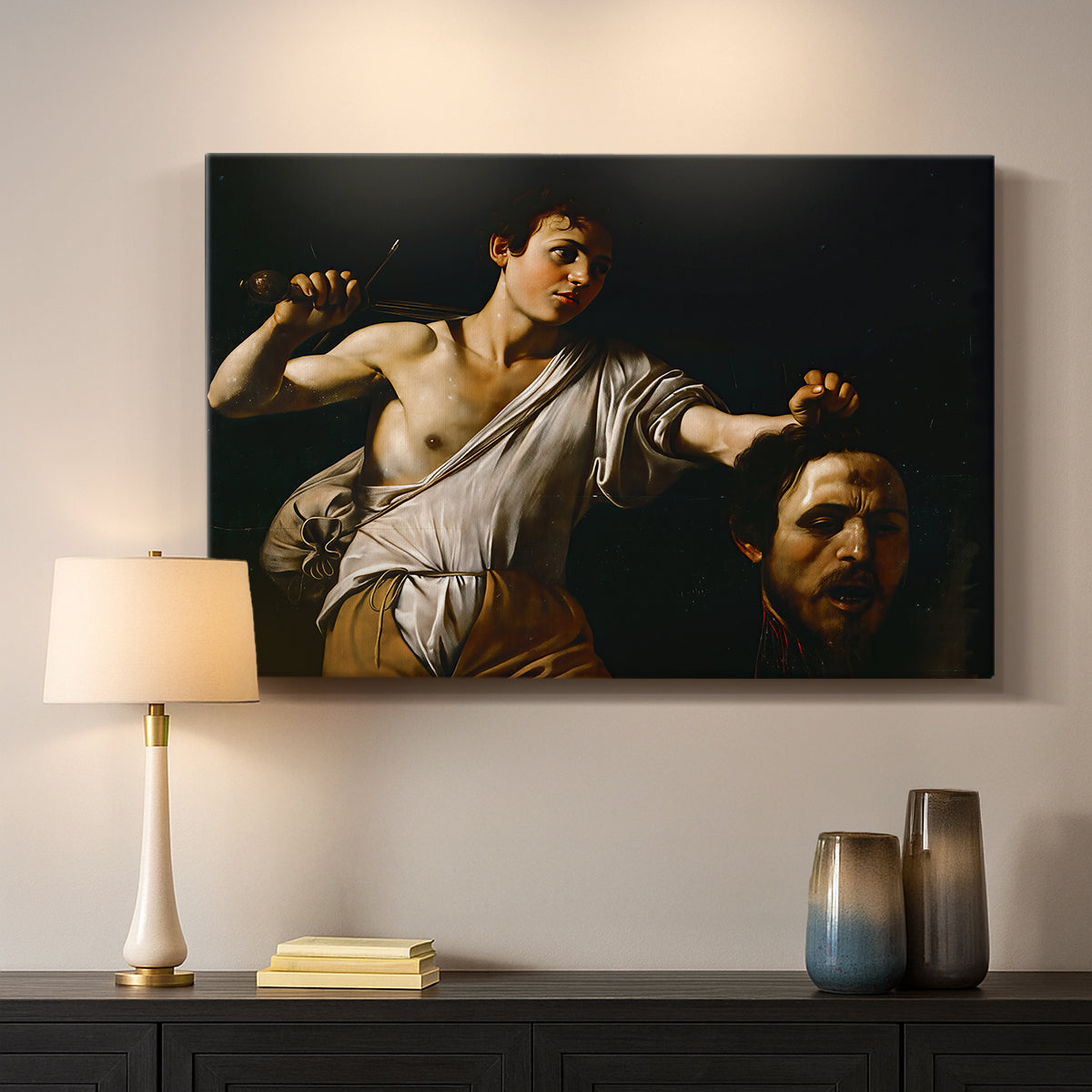 Canvas art print detailing an intense religious scene with figure emerging from darkness holding trophy, mounted in a softly lit interior space