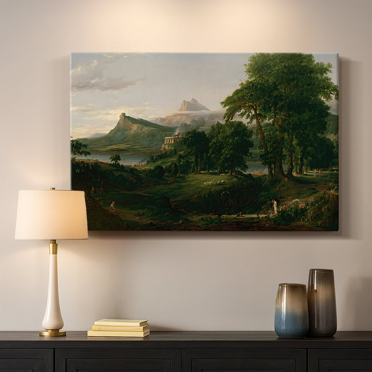 Canvas art print detailing a countryside composition showing harmony between people and land, mounted in a softly lit interior space