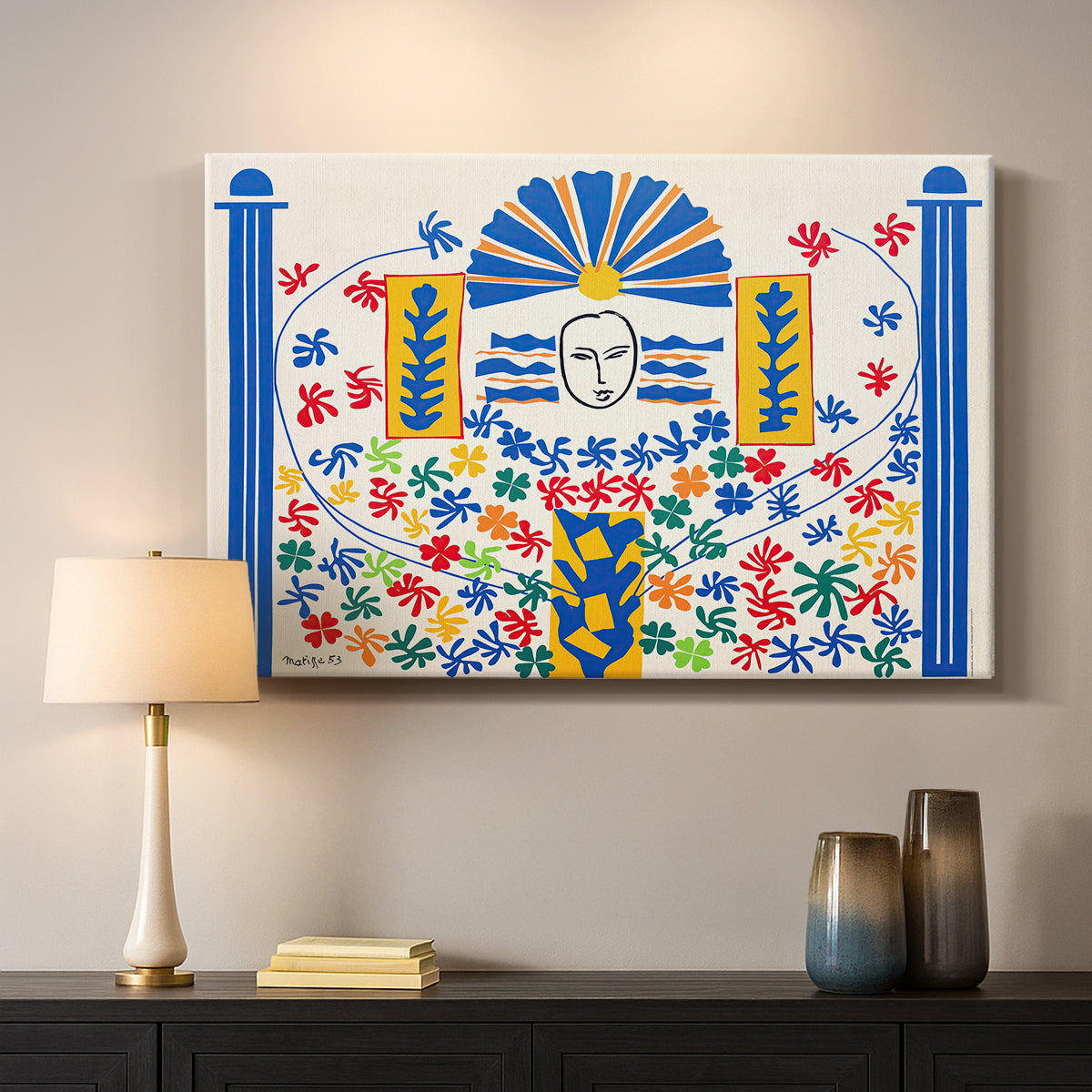 Canvas art print detailing a decorative artwork with geometric motifs and vibrant colors, mounted in a softly lit interior space