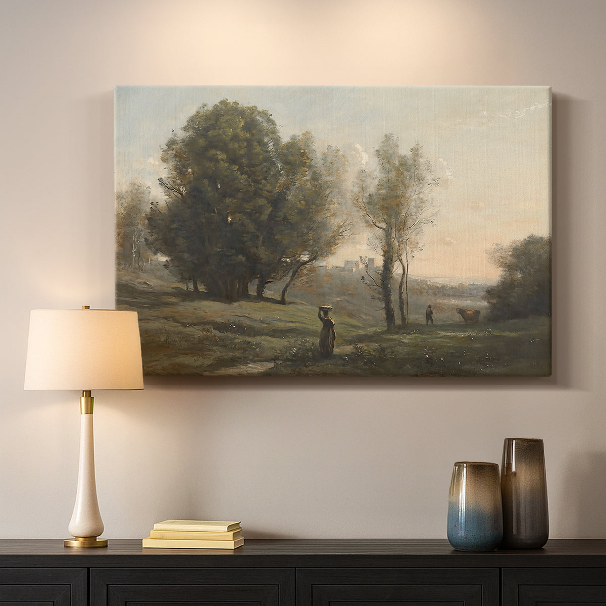 Canvas art print detailing a subdued natural setting with open space and sky, mounted in a softly lit interior space