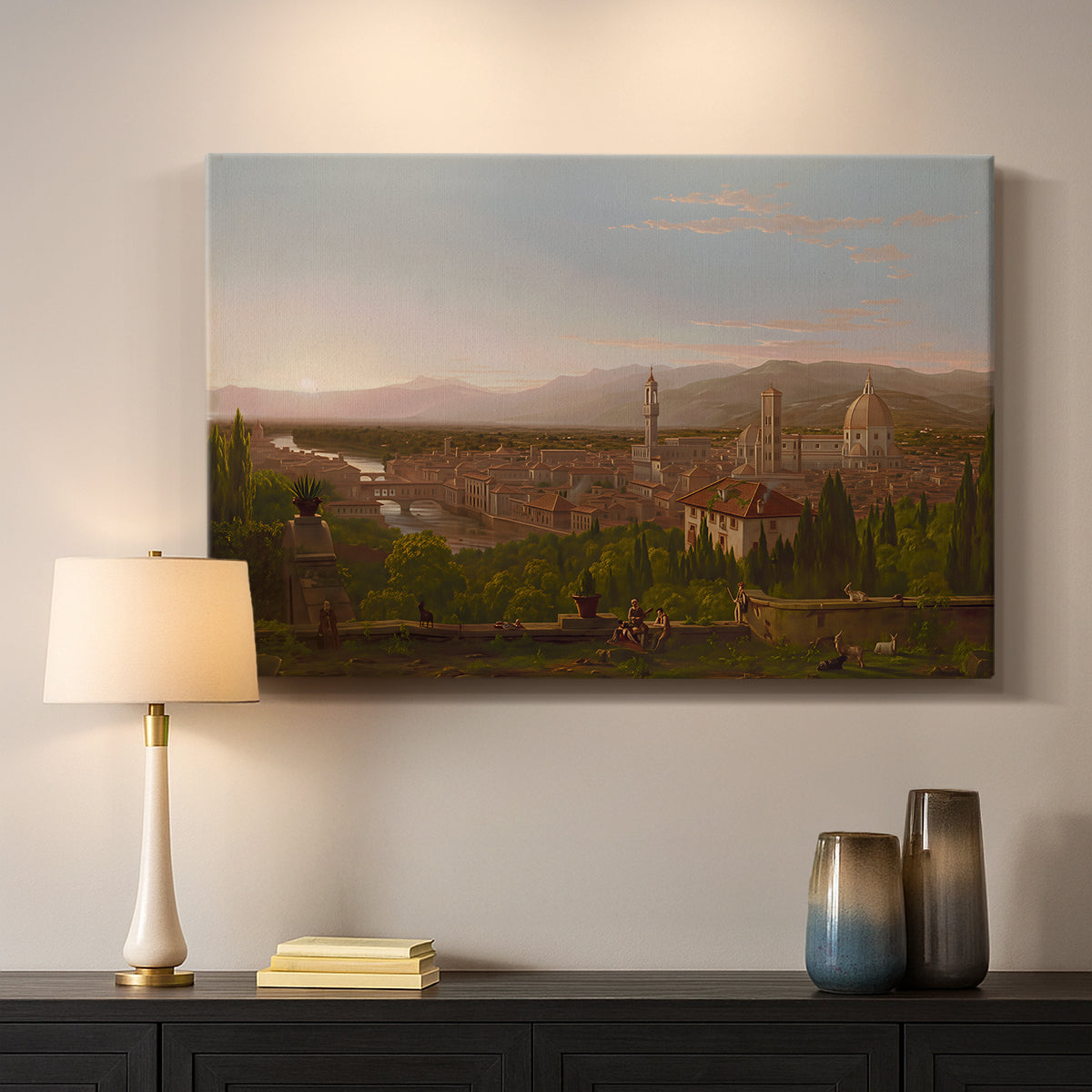 Canvas art print detailing an elevated view combining urban and countryside elements, mounted in a softly lit interior space
