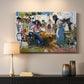 Canvas art print detailing an impressionist scene of people gathered around nets, mounted in a softly lit interior space