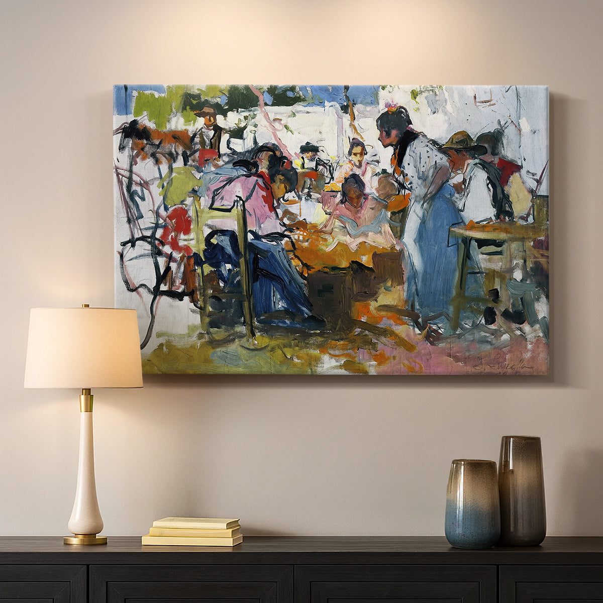 Canvas art print detailing an impressionist scene of people gathered around nets, mounted in a softly lit interior space