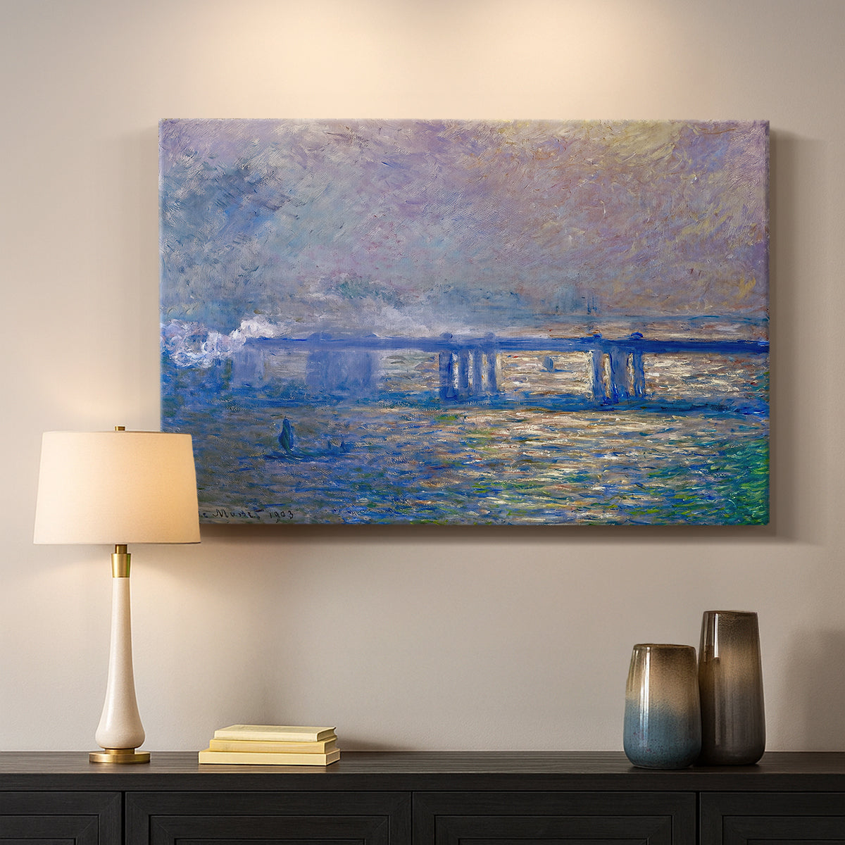 Canvas art print detailing a city bridge scene softened by mist and impressionist brushwork, mounted in a softly lit interior space
