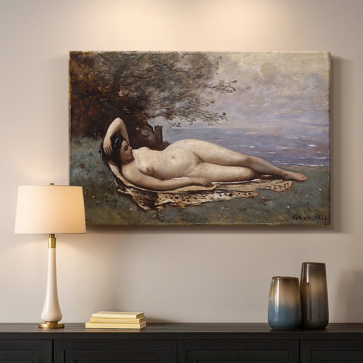 Canvas art print detailing a romantic scene combining human figure and shoreline, mounted in a softly lit interior space