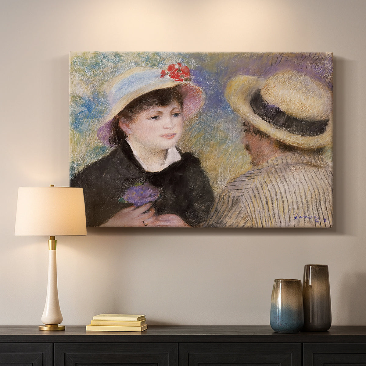 Canvas art print detailing a romantic scene of two figures in casual conversation with soft light, mounted in a softly lit interior space