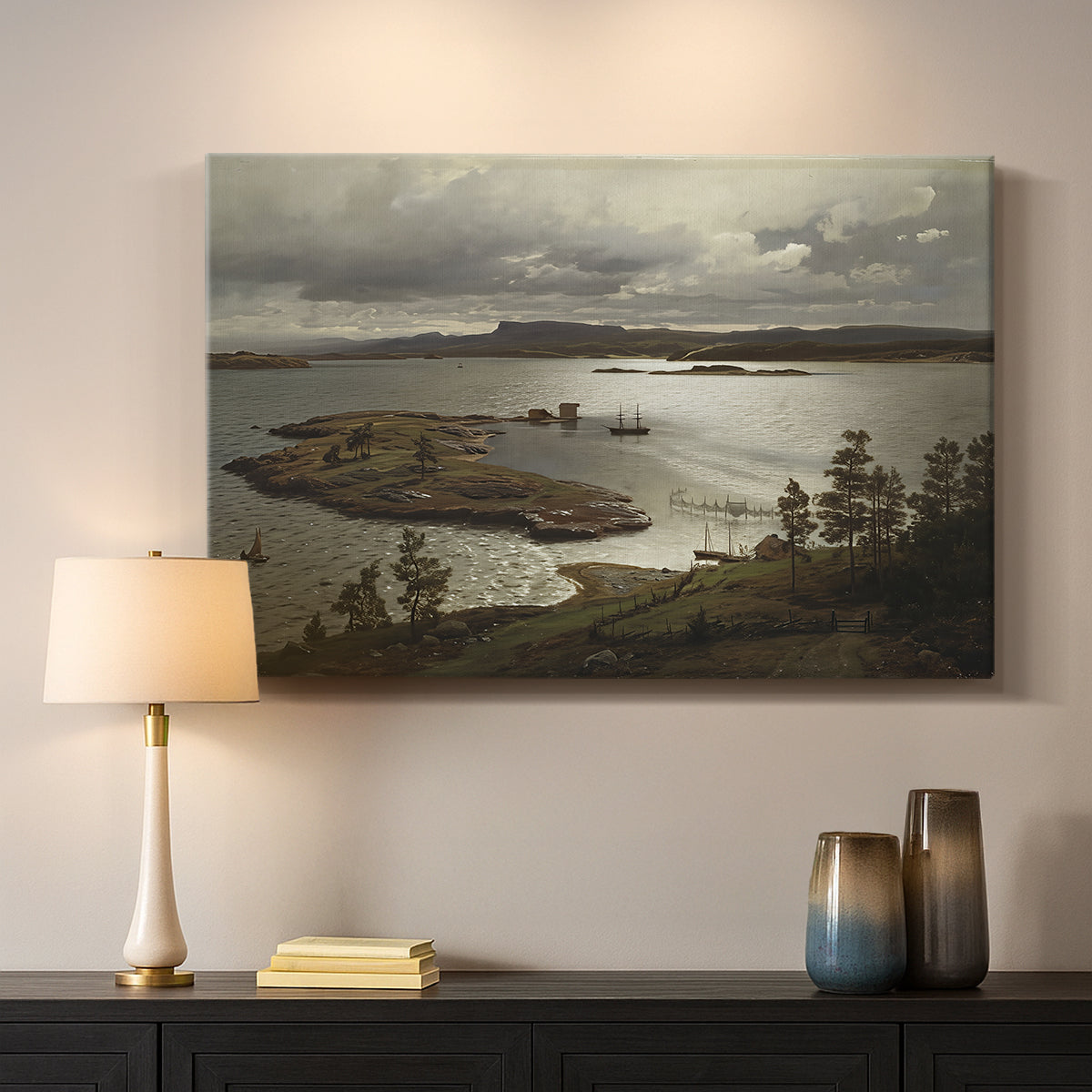 Canvas art print detailing a serene Nordic landscape with fjord and natural light, mounted in a softly lit interior space