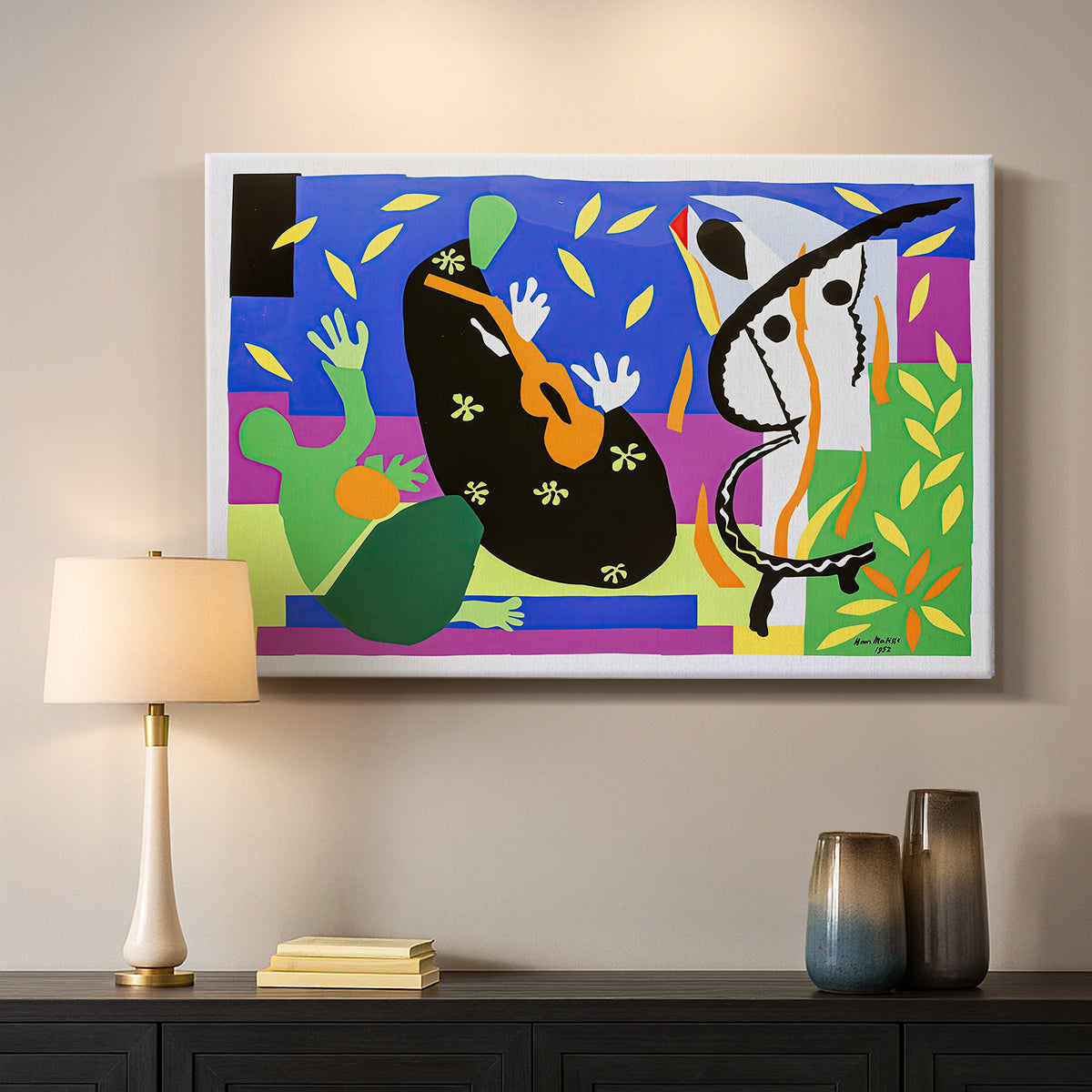 Canvas art print detailing a stylized composition of human forms, mounted in a softly lit interior space