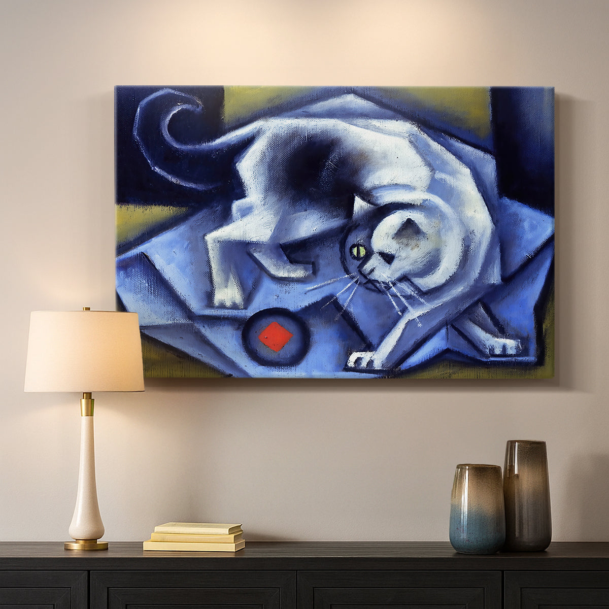 Canvas art print detailing an abstract scene combining cat and object, mounted in a softly lit interior space