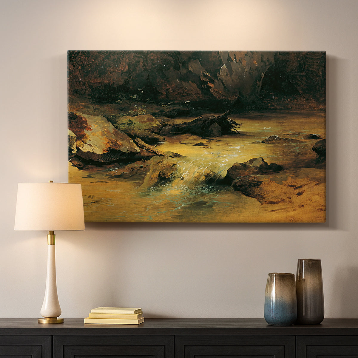 Canvas art print detailing a realistic forest stream, mounted in a softly lit interior space
