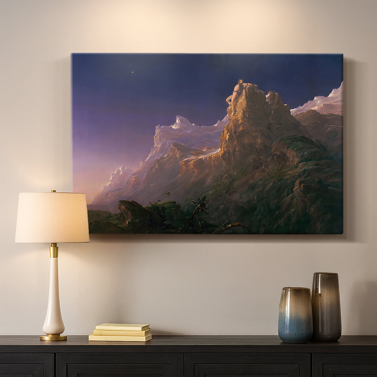 Canvas art print detailing a narrative landscape emphasizing isolation and scale, mounted in a softly lit interior space