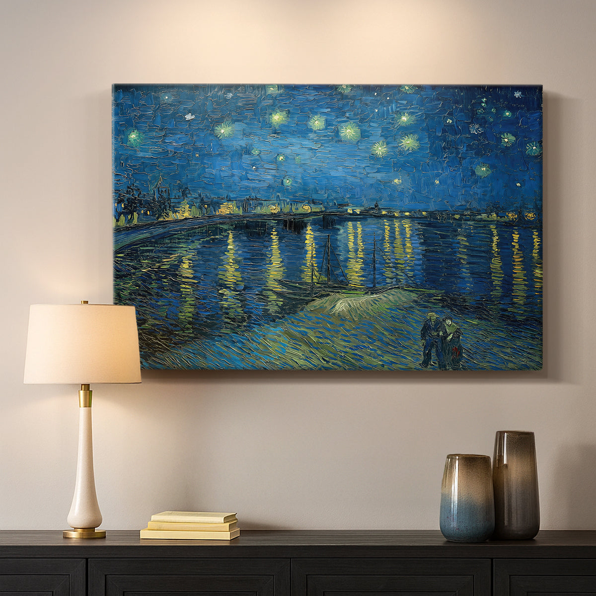 Canvas art print detailing a stylized night composition with river and celestial elements, mounted in a softly lit interior space