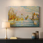 Canvas art print detailing a maritime structure and ships, mounted in a softly lit interior space