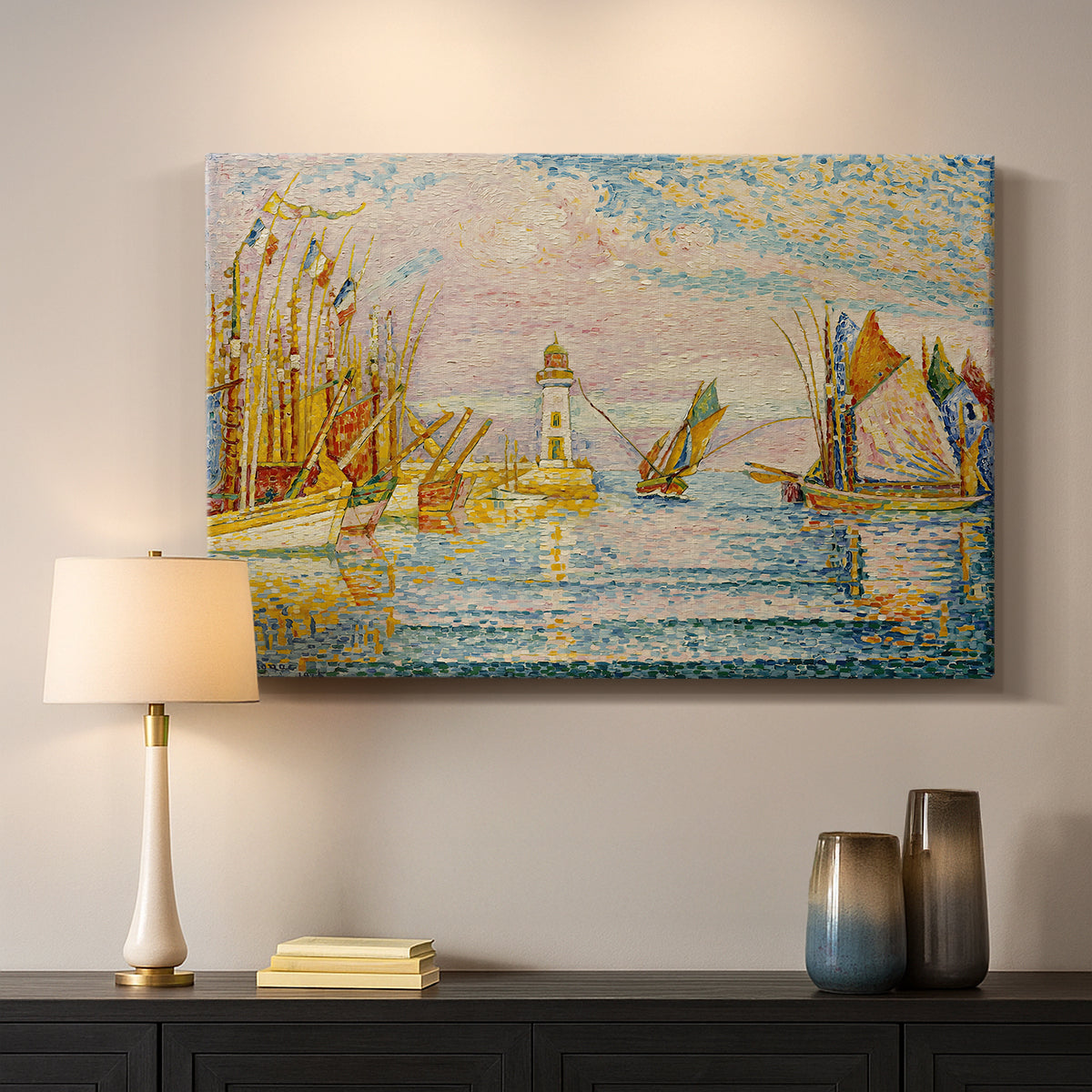 Canvas art print detailing a maritime structure and ships, mounted in a softly lit interior space