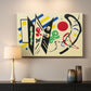 Canvas art print detailing a stylized composition with shapes and directional movement, mounted in a softly lit interior space