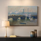 Canvas art print detailing a foggy London bridge view with softened architectural forms, mounted in a softly lit interior space