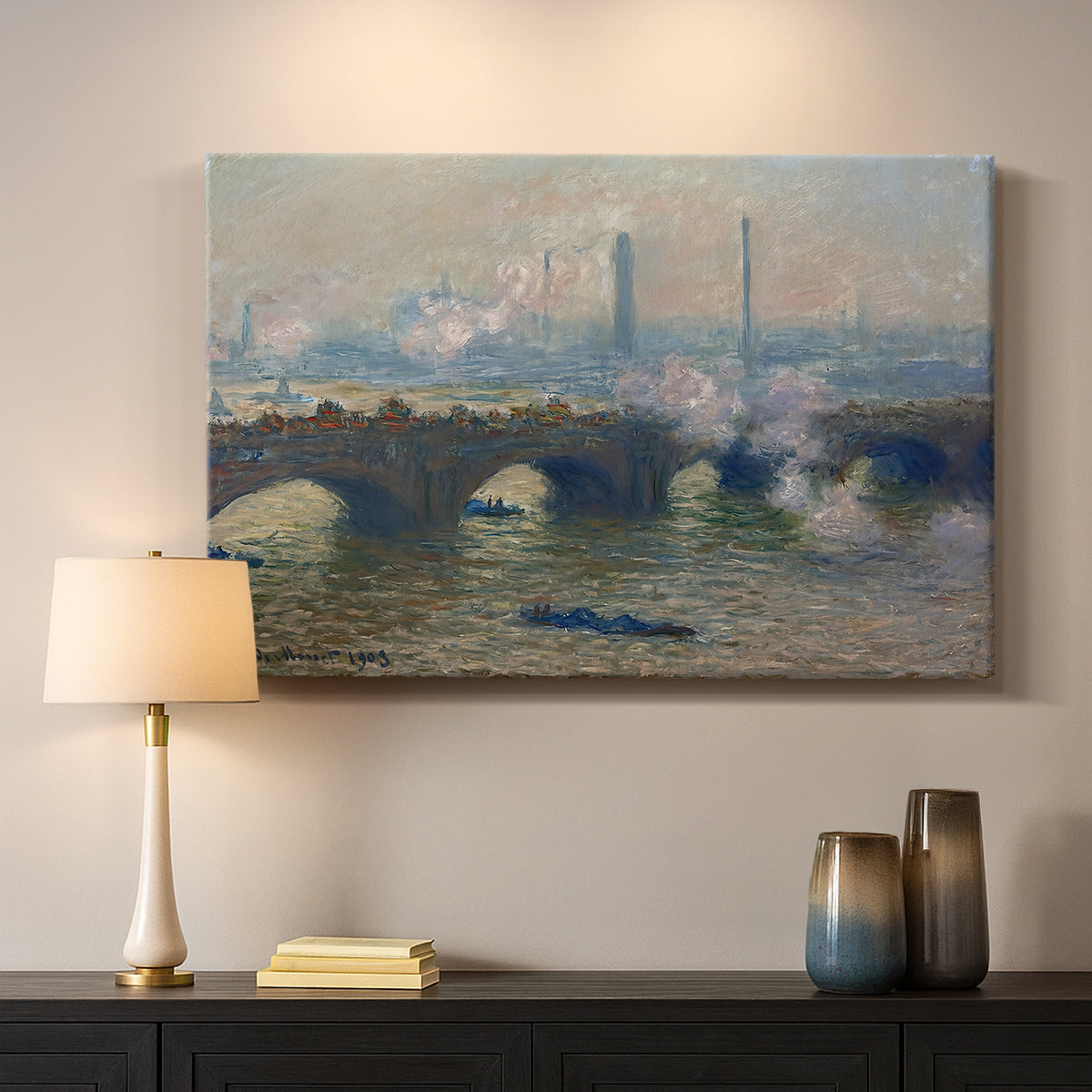 Canvas art print detailing a foggy London bridge view with softened architectural forms, mounted in a softly lit interior space