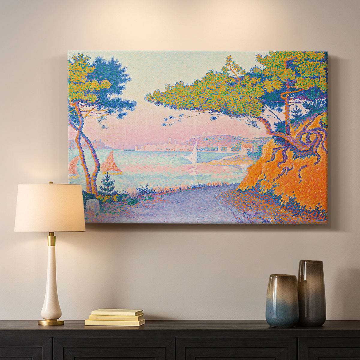 Canvas art print detailing a coastal composition with land and water in balance, mounted in a softly lit interior space