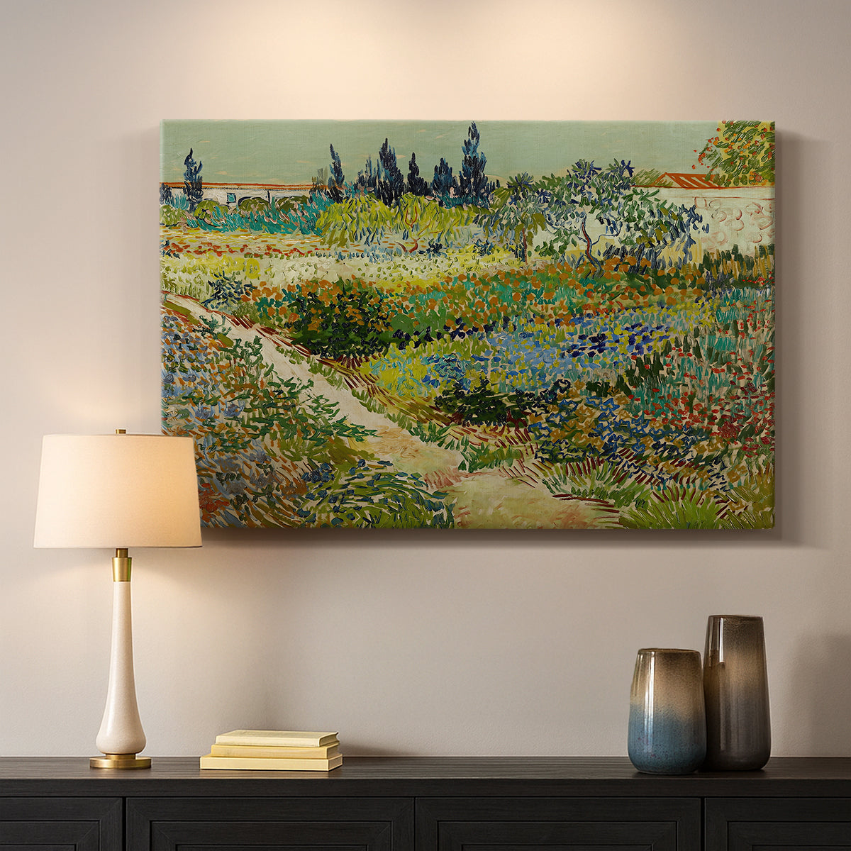 Canvas art print detailing a stylized landscape featuring plants and pathways, mounted in a softly lit interior space