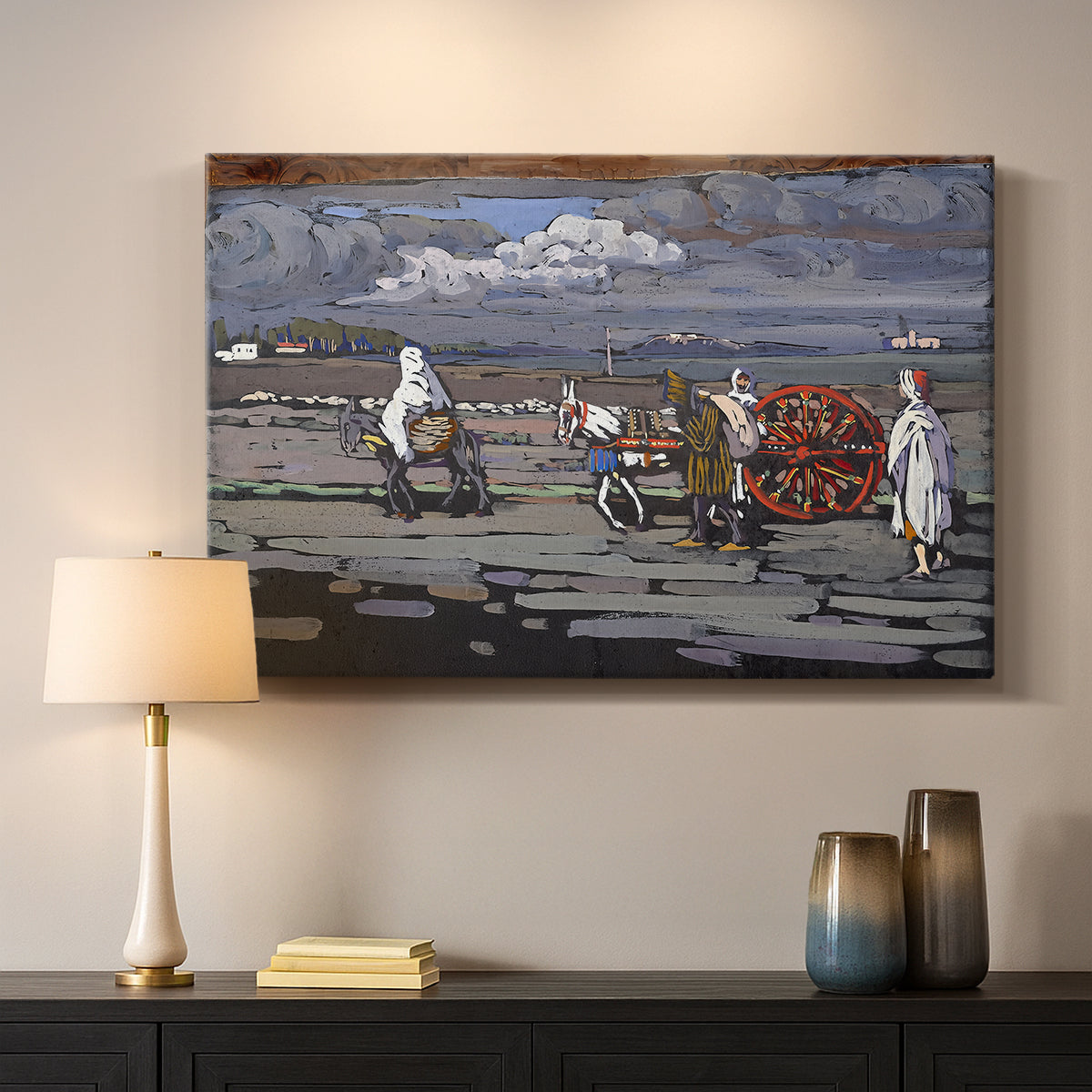 Canvas art print detailing a stylized rural setting with strong color contrasts, mounted in a softly lit interior space