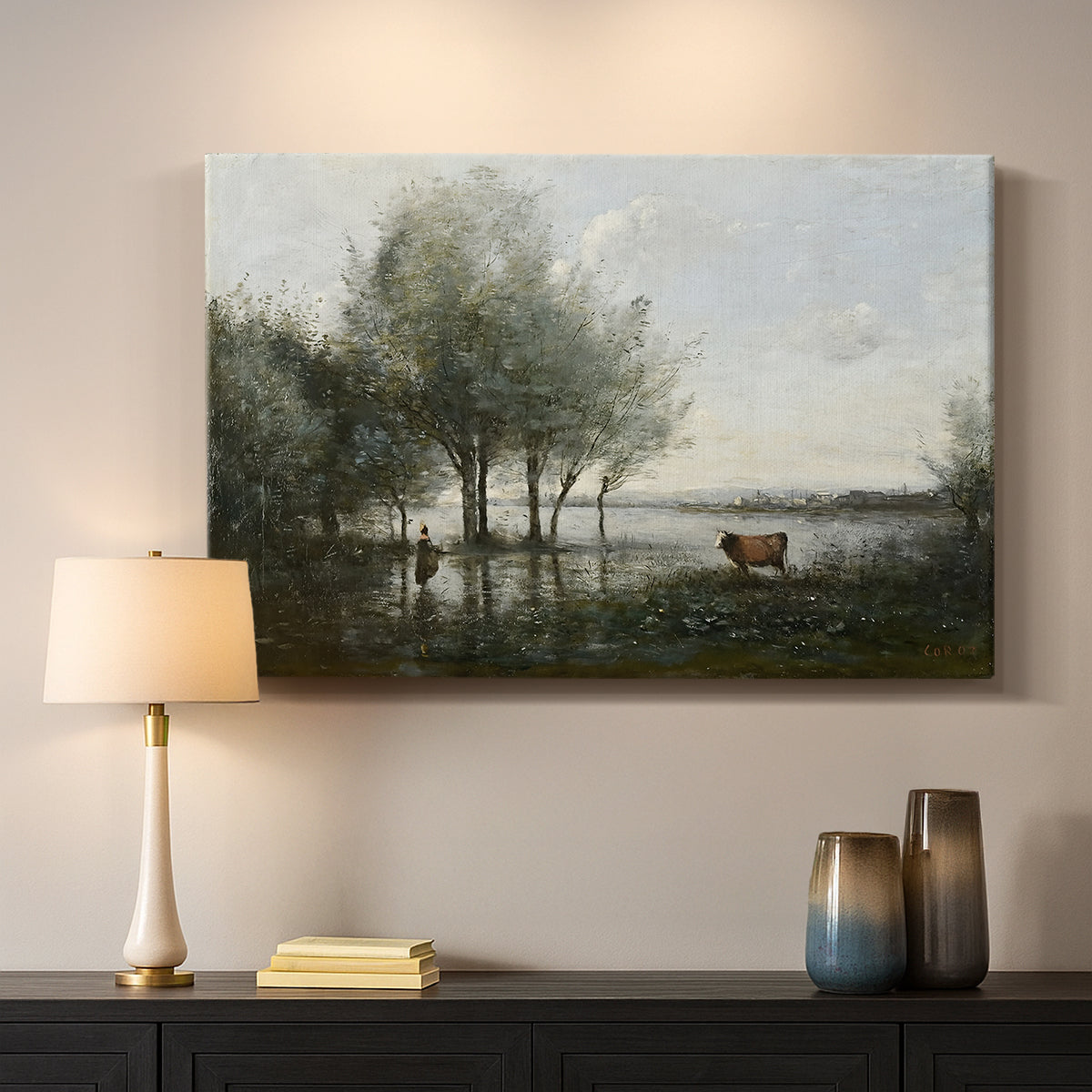 Canvas art print detailing an atmospheric natural setting with marsh and soft sky, mounted in a softly lit interior space