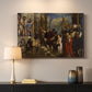 Canvas art print detailing a densely populated biblical scene with strong vertical structure, mounted in a softly lit interior space