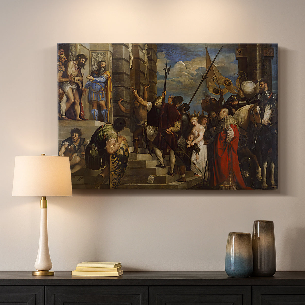 Canvas art print detailing a densely populated biblical scene with strong vertical structure, mounted in a softly lit interior space