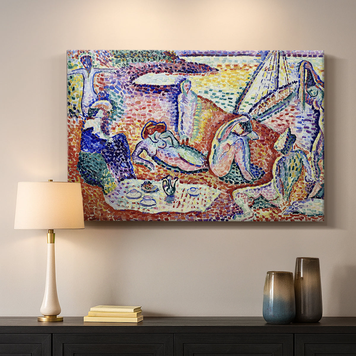 Canvas art print detailing a Fauvist coastal gathering with bright broken color, mounted in a softly lit interior space