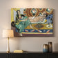 Canvas art print detailing a stylized domestic scene with women and checkers, mounted in a softly lit interior space