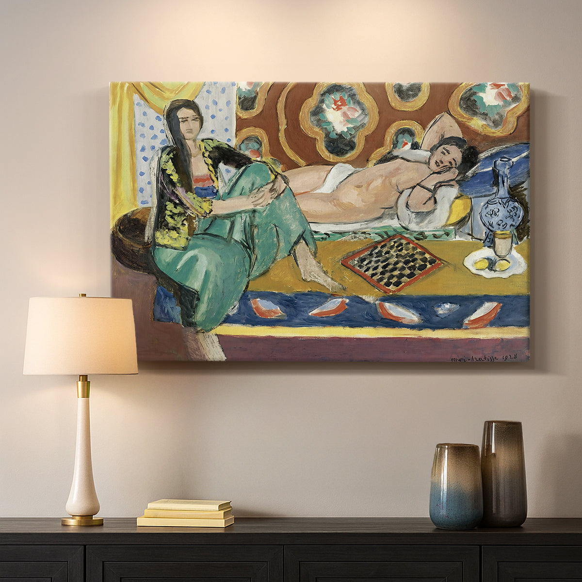Canvas art print detailing a stylized domestic scene with women and checkers, mounted in a softly lit interior space