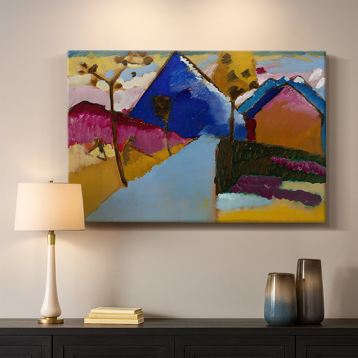 Canvas art print detailing a stylized street perspective with geometric simplification, mounted in a softly lit interior space
