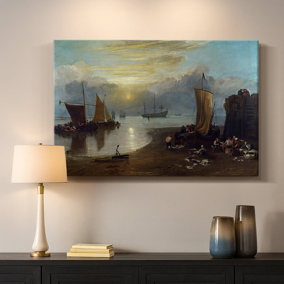 Canvas art print detailing an atmospheric harbor scene, mounted in a softly lit interior space