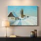 Canvas art print detailing a rural home setting with snow-covered ground and activity, mounted in a softly lit interior space