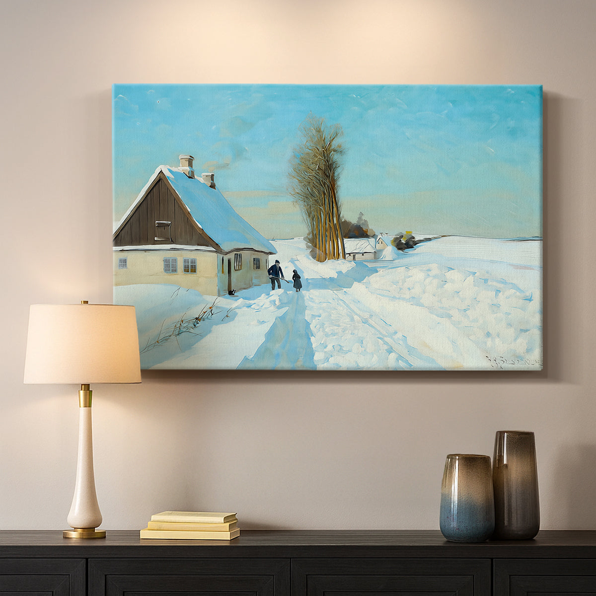 Canvas art print detailing a rural home setting with snow-covered ground and activity, mounted in a softly lit interior space