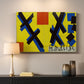 Canvas art print detailing a graphic artwork featuring abstract forms and design elements, mounted in a softly lit interior space
