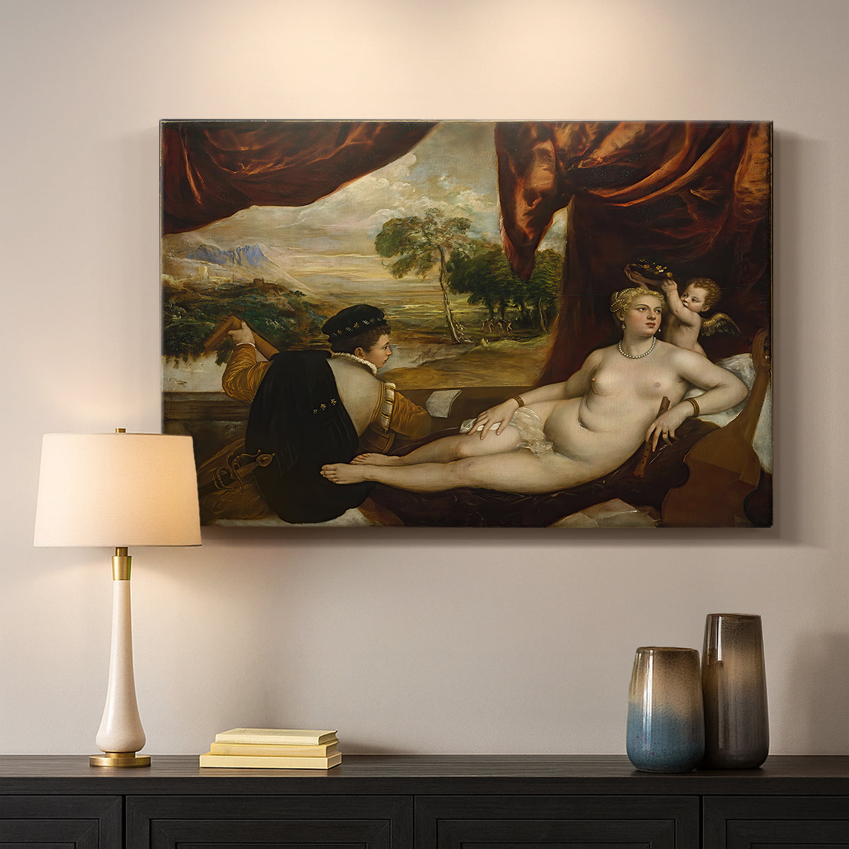 Canvas art print detailing a classical scene combining reclining Venus and musical companion, mounted in a softly lit interior space